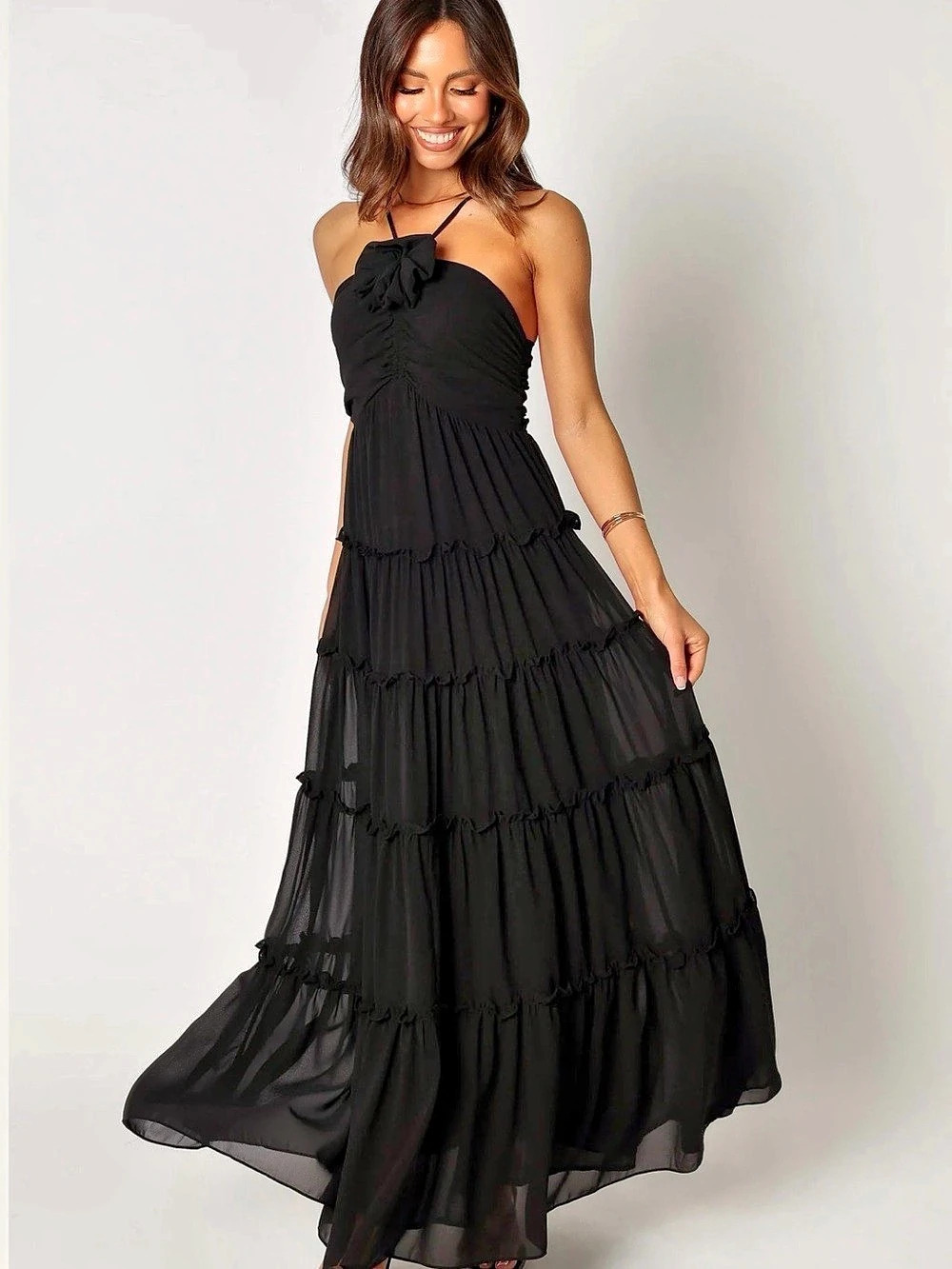 Petal & Pup Soleila Halter Maxi Dress Black Large New